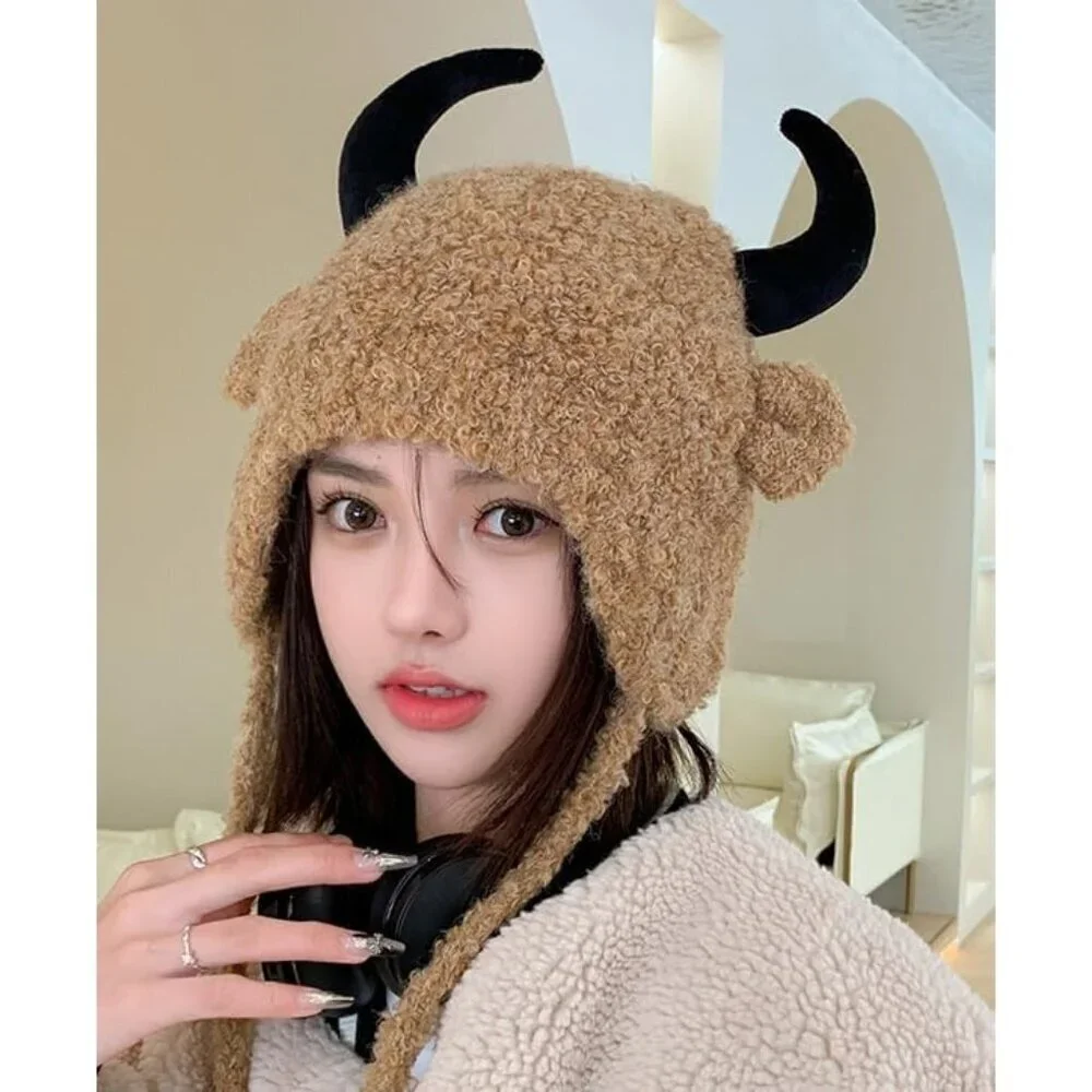 Men B-black Furry Buffalo Horn Winter Hat Unisex Faux Fur Earflap Trooper Cap